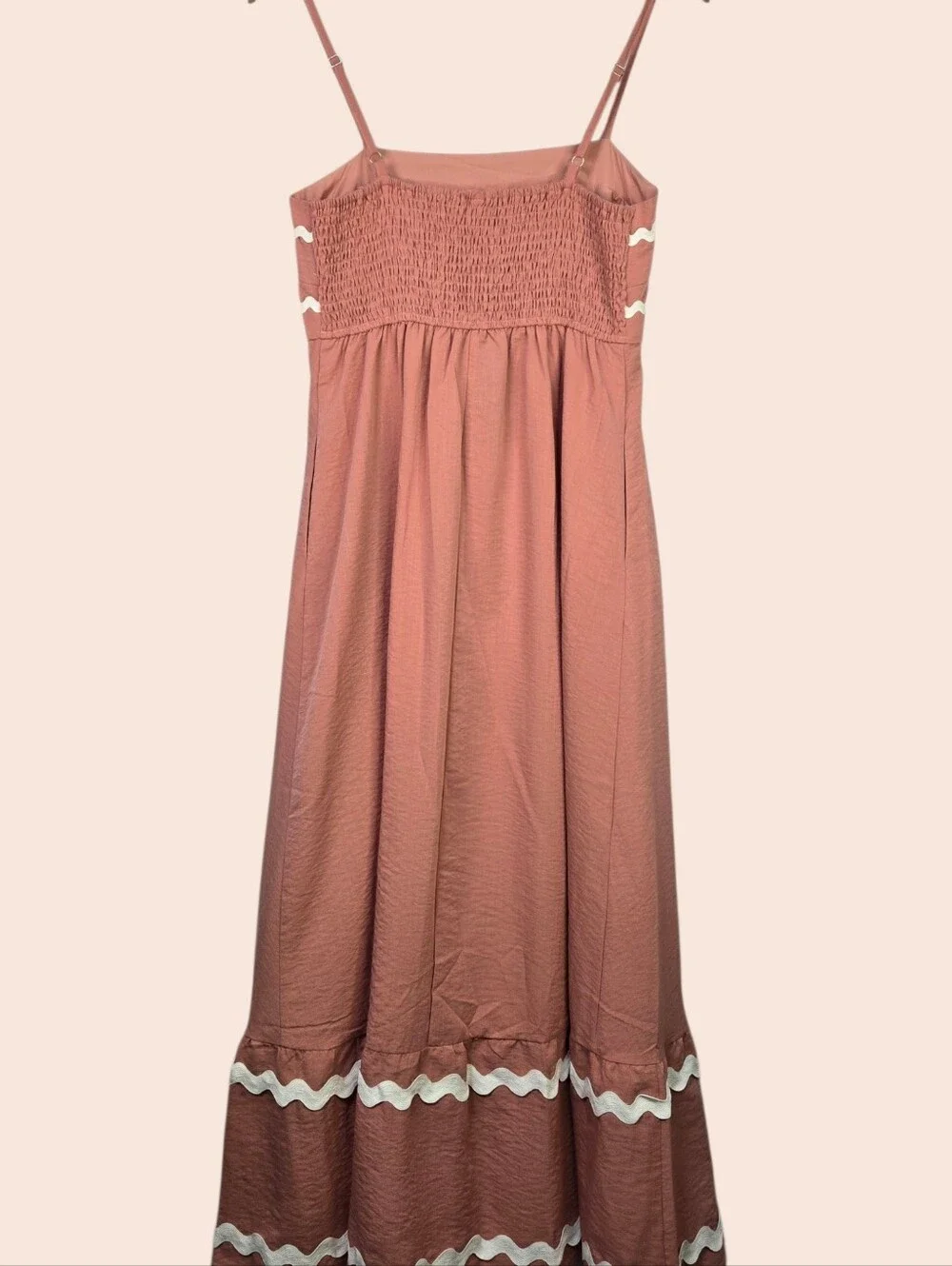 PRETTY GATDEN Size S Cottagecore Rustic Coral Maxi Dress, White Ric Rac Trim NWT - Picture 2 of 11